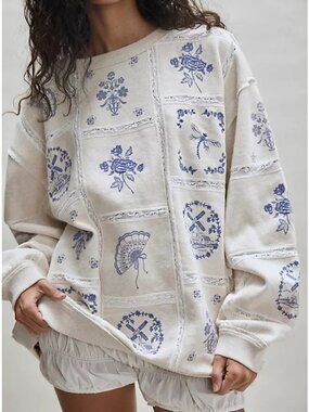 Free People Rudy Lace Embroidered Sweatshirt Vintage Patchwork Coastal Womens XS